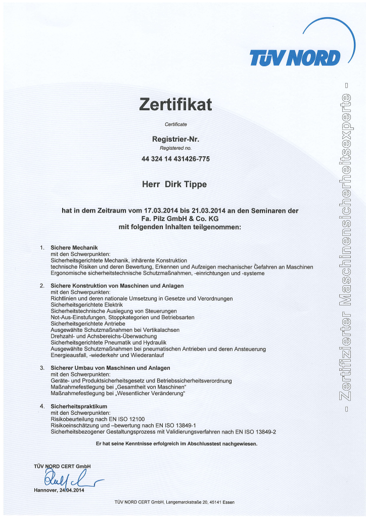 Zertifikat: Maschinensicherheitsexperte